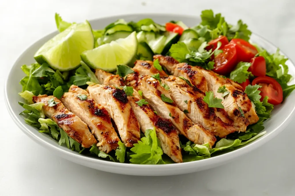 Grilled chicken slices on a bed of lettuce, garnished with lime wedges, tomatoes, and cucumber slices