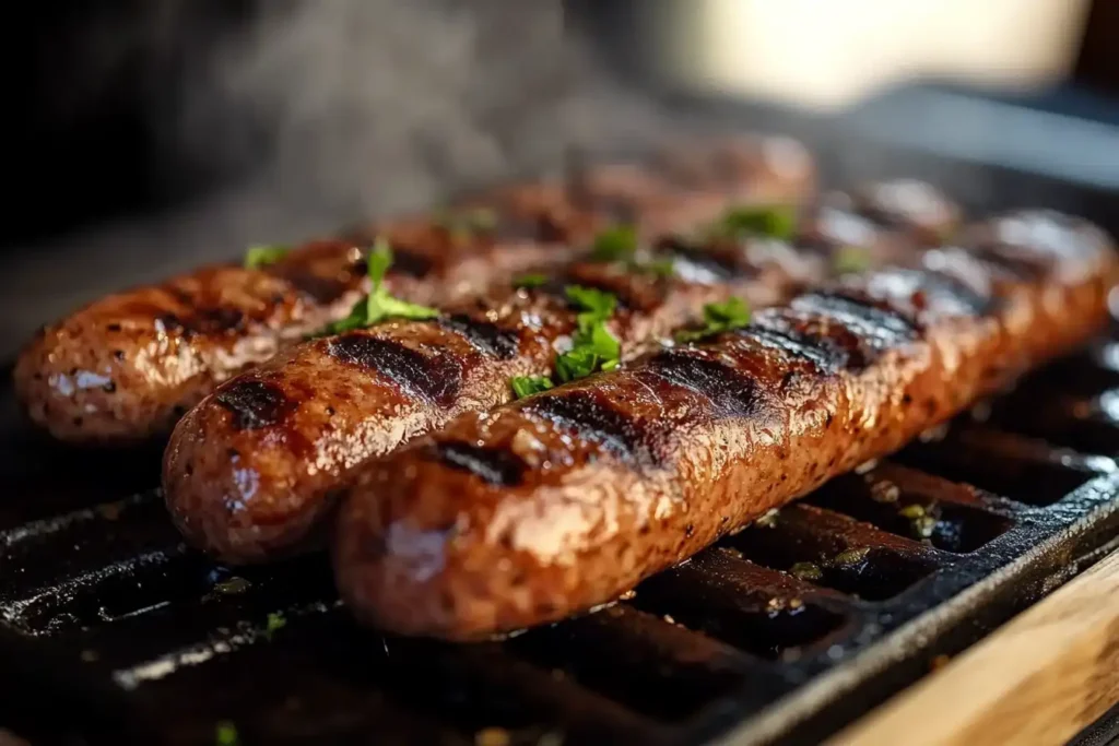 Grilled sausages with charred grill marks, garnished with fresh parsley, steaming hot on a grill plate.

