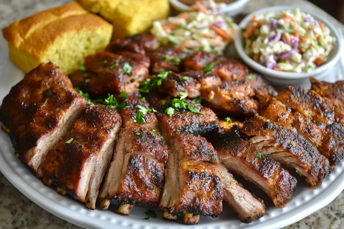 A silver platter filled with beautifully glazed barbecue ribs, slices of cornbread, and bowls of creamy coleslaw, set on a white tablecloth with decorative greenery.