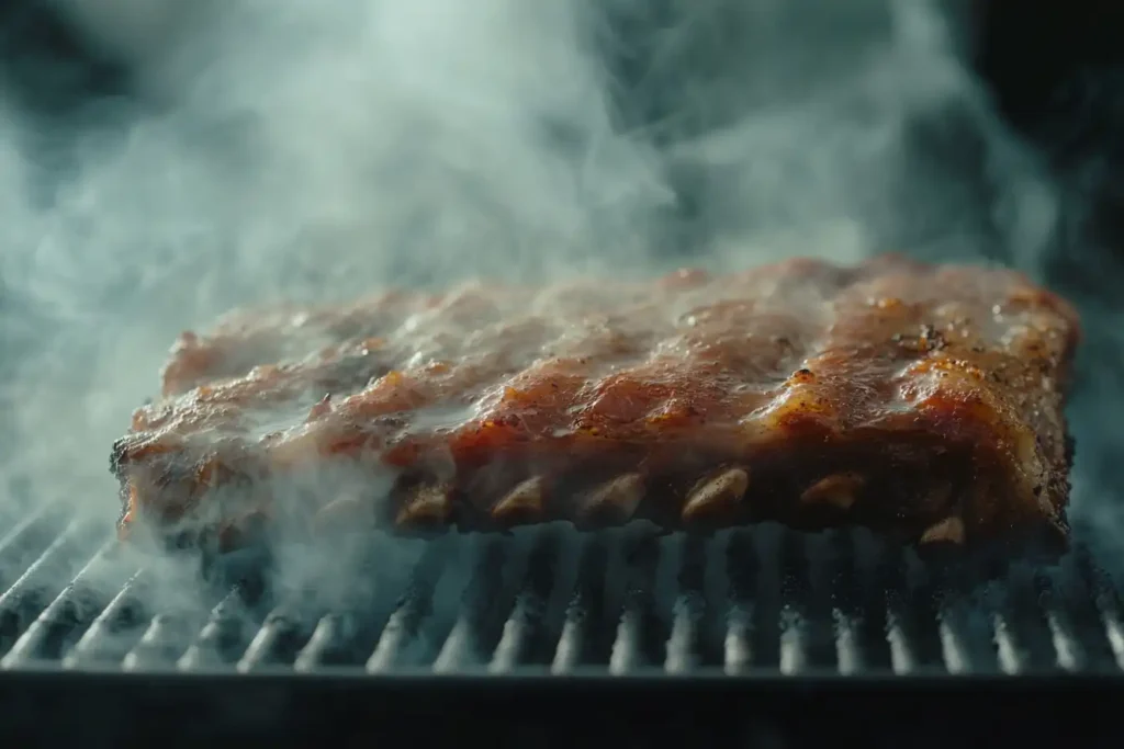 A rack of ribs sizzling on a smoky grill, coated in a glistening barbecue glaze with steam and smoke rising.