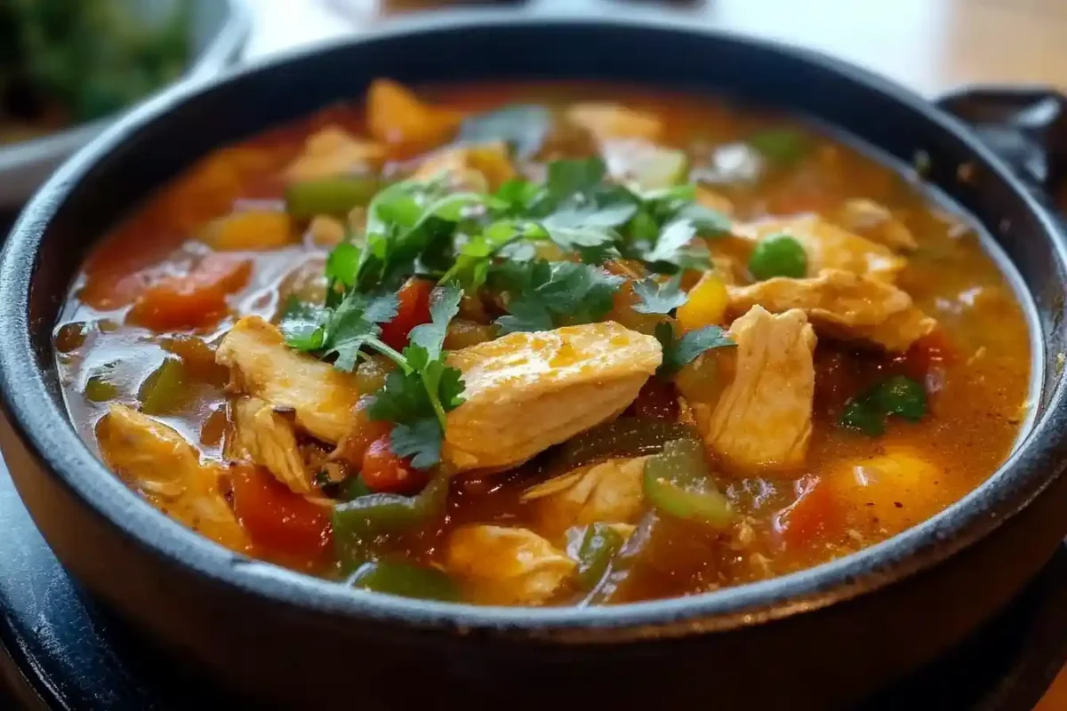 A bowl of chicke fajita soup with bright peppers and fresh cilantro