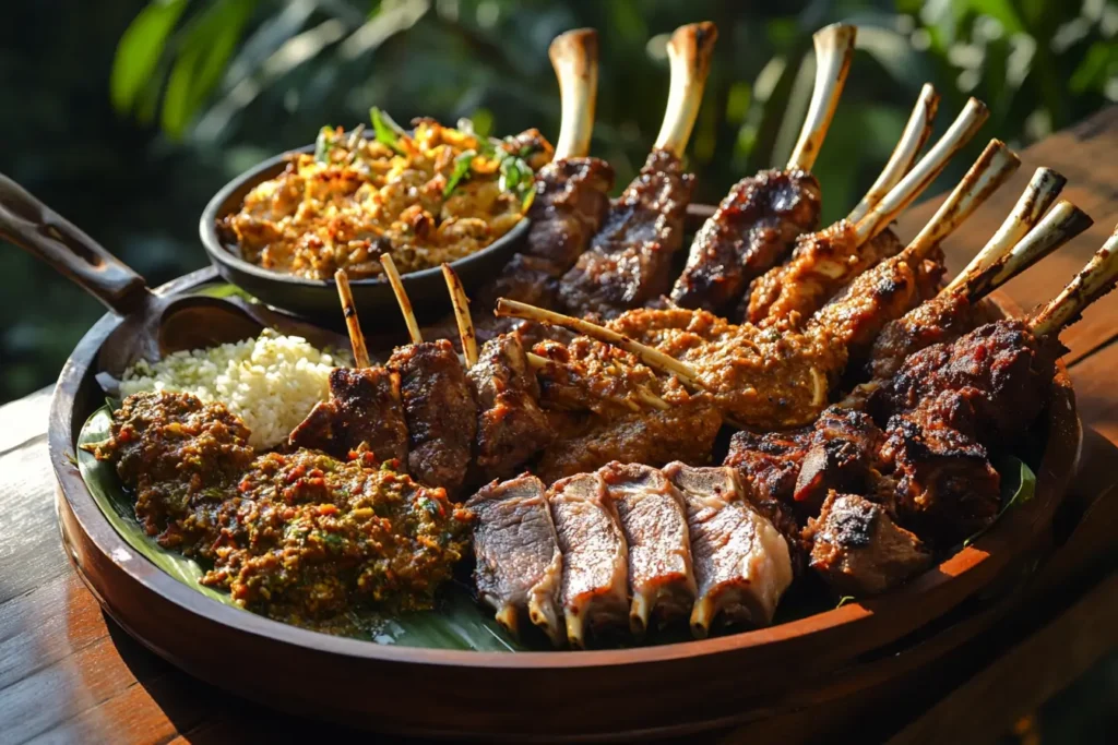 A platter of grilled lamb chops and side dishes in an outdoor setting.