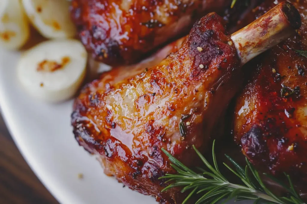 Close-up of a grilled lamb chop with a caramelized glaze and herbs.