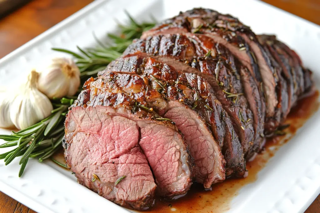 Sliced roast lamb garnished with rosemary and garlic on a white plate.