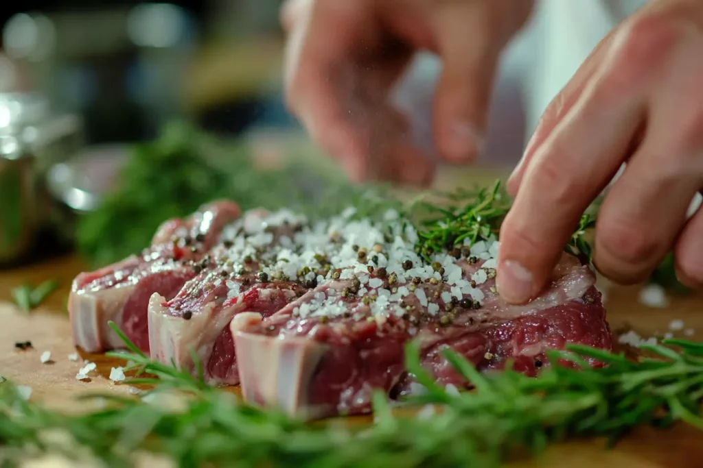 Hands seasoning raw lamb chops with salt, pepper, and fresh rosemary.