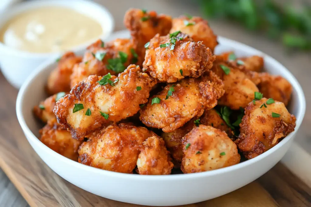 A white bowl filled with crispy, golden-brown fried chicken bites garnished with fresh parsley, with a small bowl of dipping sauce in the background.