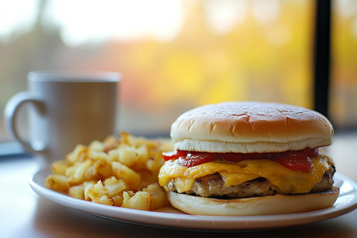 A cheeseburger with melted cheese and fries on a plate, served with a coffee mug.