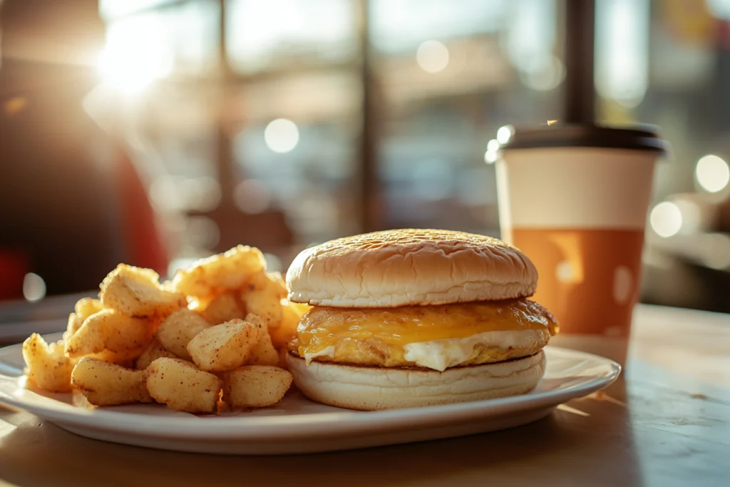 A breakfast burger with melted cheese, egg, and hash browns served with coffee.