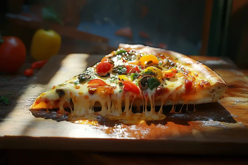 Close-up of a pizza slice being lifted, with melted cheese stretching and toppings including pepperoni, black olives, and fresh basil.What Makes Pizza Tasty?
