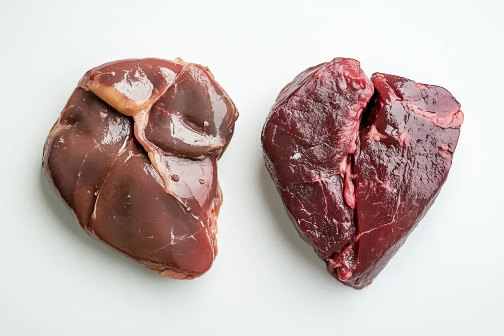 Close-up of raw chicken liver and beef liver on a white background.