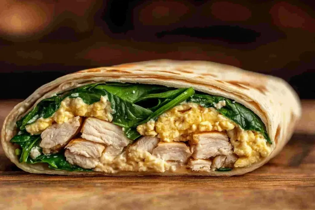 Close-up of a breakfast burrito filled with chicken, spinach, and scrambled eggs.