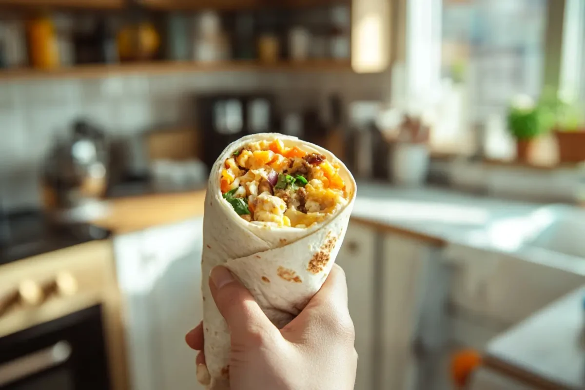 A hand holding a breakfast burrito with a colorful filling in a bright kitchen.