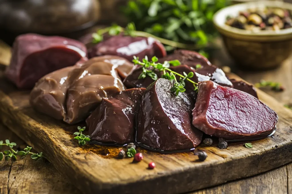 Assorted raw liver cuts on a wooden board, garnished with fresh thyme.
