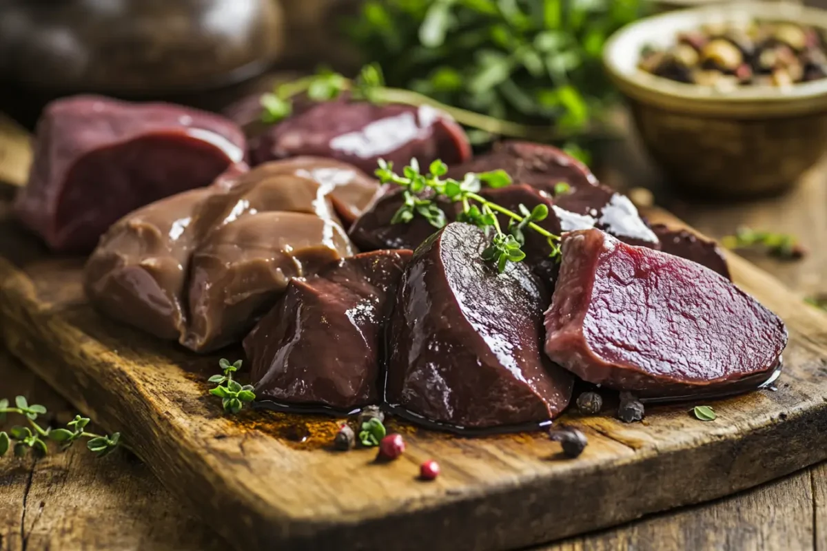 Assorted raw liver cuts on a wooden board, garnished with fresh thyme.