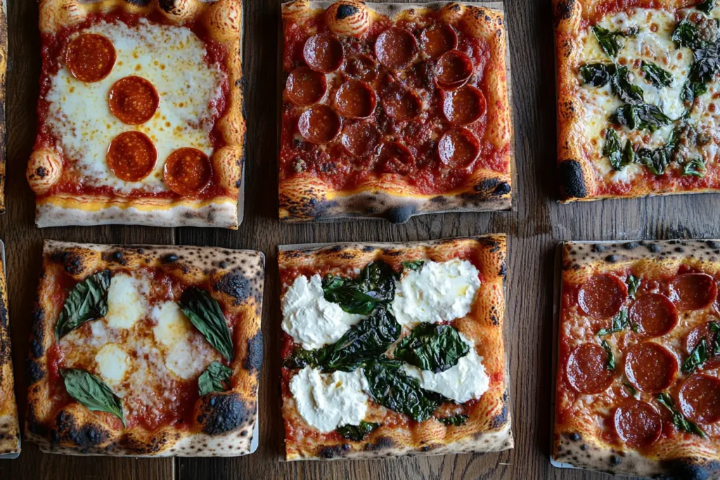 Top-down view of several square pizzas with charred edges, featuring pepperoni, basil, and melted cheese toppings.