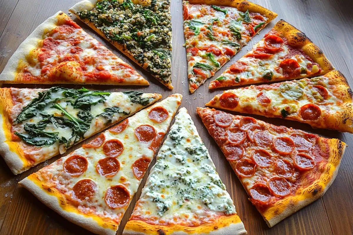 Eight large pizza slices, each with unique toppings like pepperoni, spinach, and cheese, arranged in a circle on a wooden surface