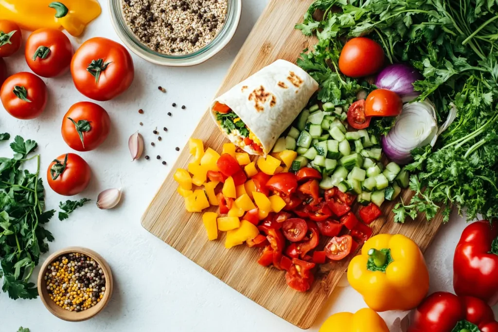 A top-down view of a breakfast burrito surrounded by fresh vegetables on a wooden board.