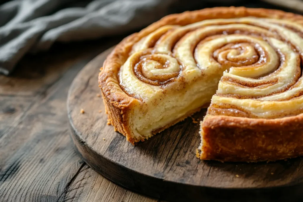 A close-up view of a golden-brown cinnamon roll pie with visible layers and swirls of cinnamon-sugar filling, set on a rustic wooden board.
