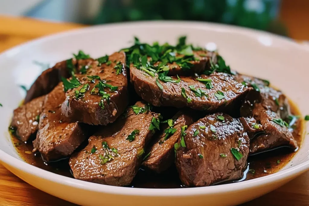 Cooked liver slices garnished with fresh parsley in a bowl.