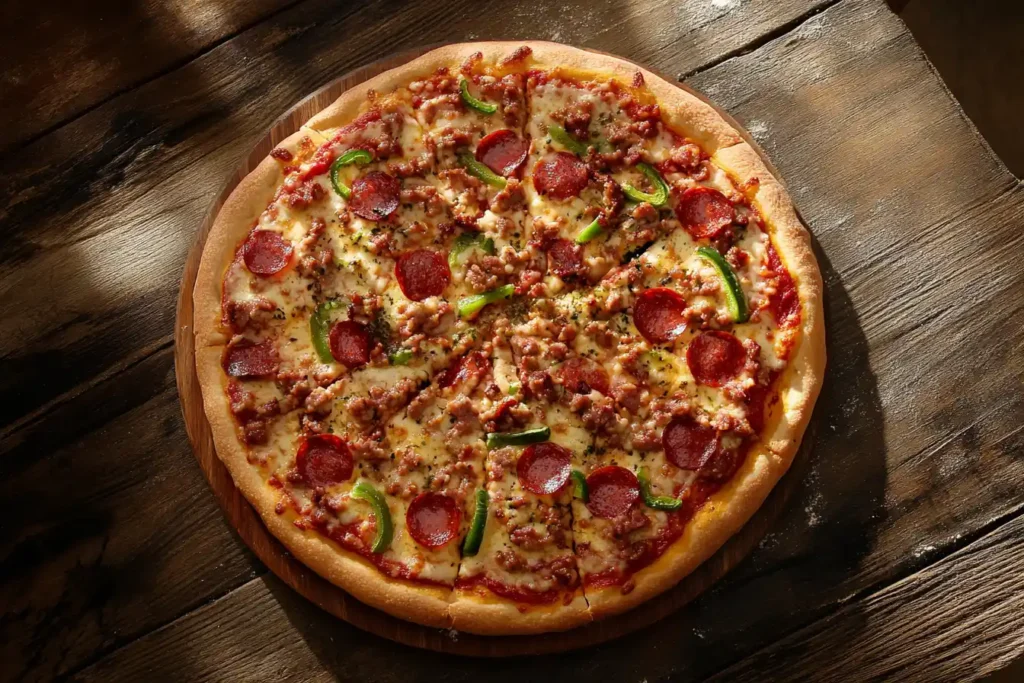 Overhead view of a freshly baked pizza topped with pepperoni, green bell peppers, sausage, and melted cheese on a rustic wooden surface.