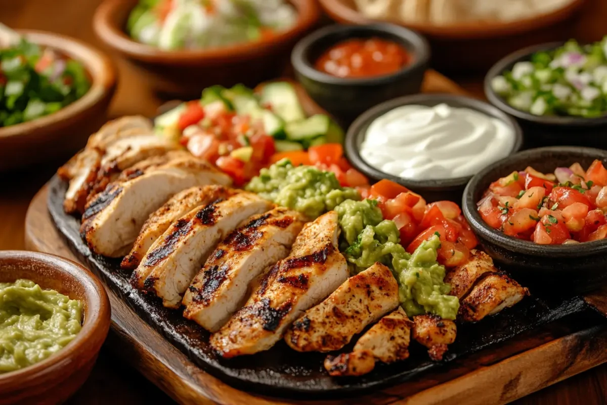 lices of grilled chicken with guacamole, tomatoes, and sour cream on a wooden serving board