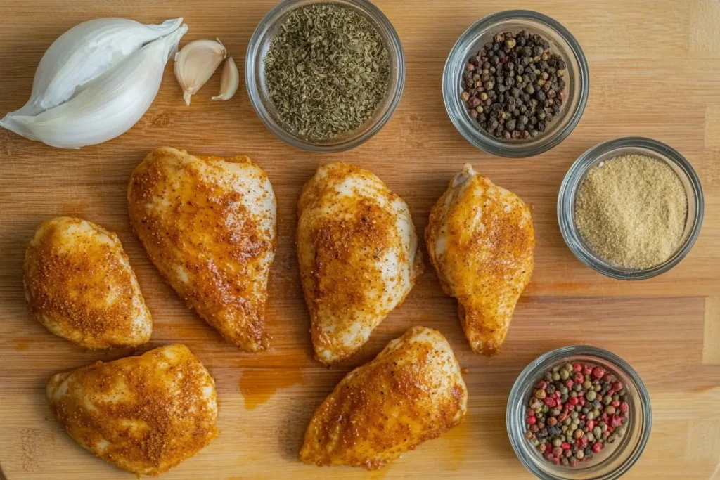 Raw chicken breasts seasoned with spices, arranged on a wooden cutting board with garlic and bowls of pepper, herbs, and seasoning.