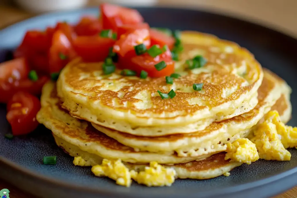 A plate of golden pancakes topped with diced tomatoes and garnished with chopped green onions, served alongside scrambled eggs.