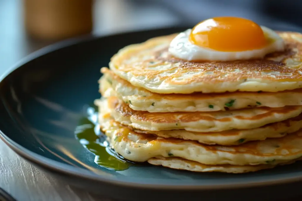 A stack of fluffy pancakes topped with a sunny-side-up egg on a dark plate, with a drizzle of sauce pooling on the side.