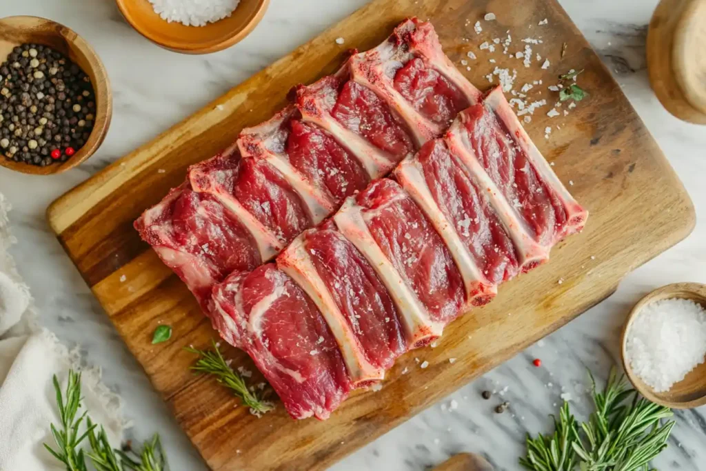 Raw beef ribs seasoned with coarse salt on a wooden cutting board, surrounded by spices and fresh rosemary