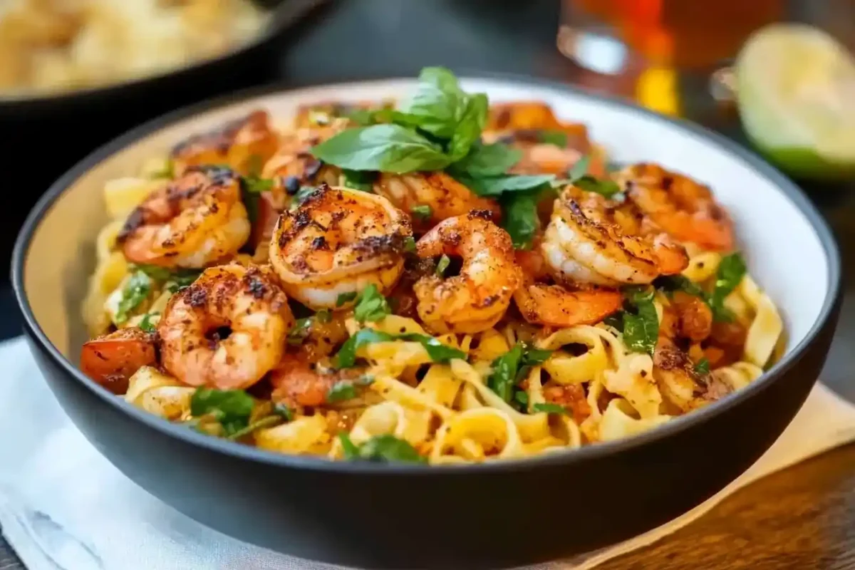 A bowl of Cajun shrimp pasta topped with grilled shrimp, fresh basil, and a medley of vegetables, served on a rustic table.