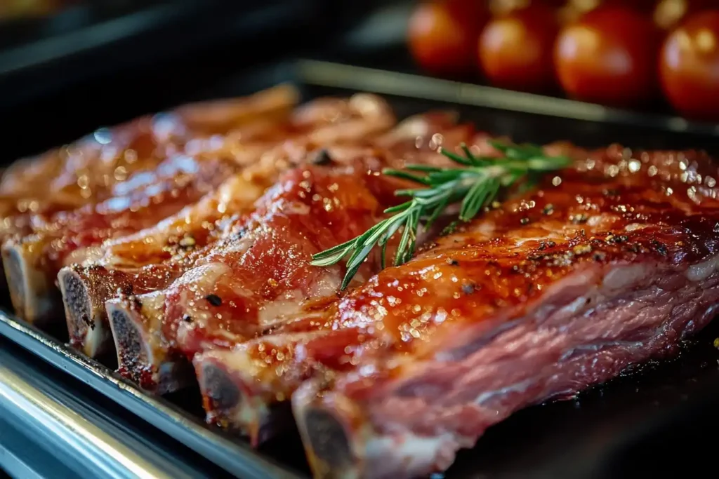 Close-up of marinated beef ribs topped with a sprig of rosemary, ready for grilling, with a background of fresh tomatoes.