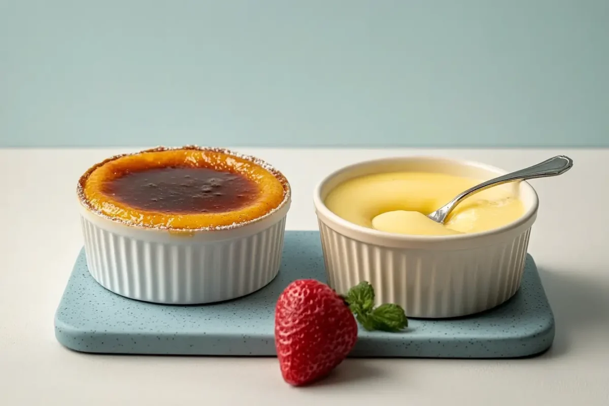 Two ramekins, one with crème brûlée and the other with custard, accompanied by a strawberry.