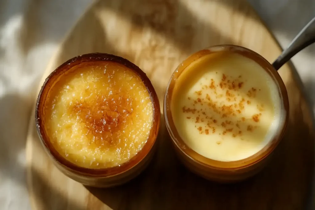 Two jars of creamy desserts, one with a caramelized top and the other lightly sprinkled with sugar.