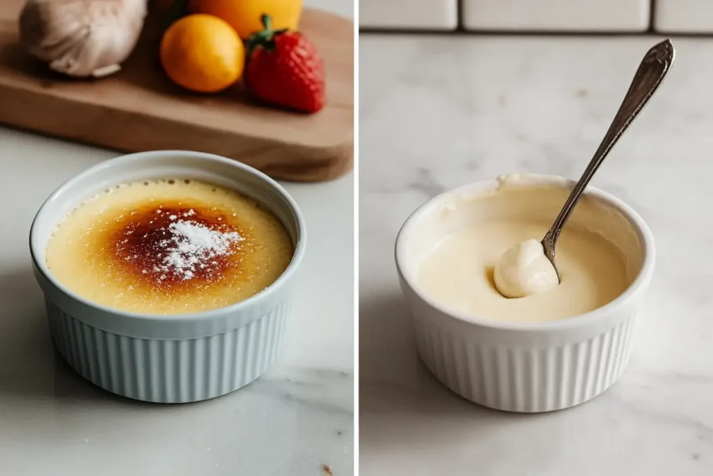 Two ramekins, one with crème brûlée and the other with creamy custard, placed on a marble countertop.Is Crème Brûlée Basically Custard