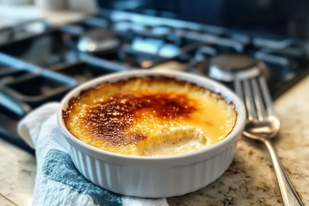 A ramekin of crème brûlée with a caramelized sugar top and a portion scooped out, placed on a kitchen counter with a stovetop in the background.