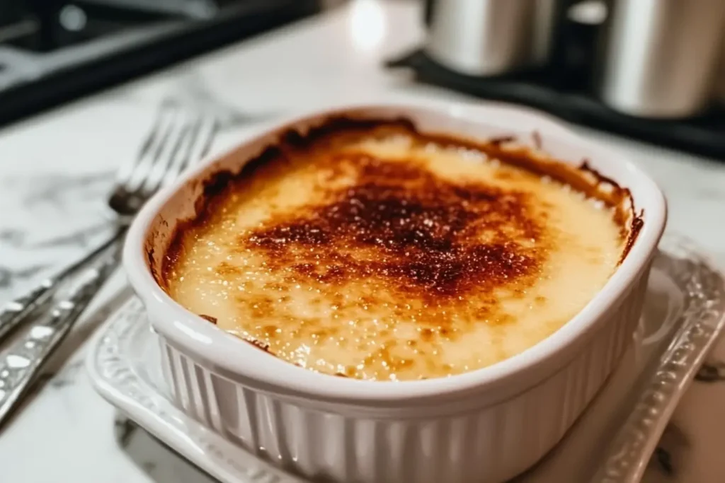 baked crème brûlée in a white rectangular ramekin with a caramelized sugar top, placed on a decorative plate on a marble surface.