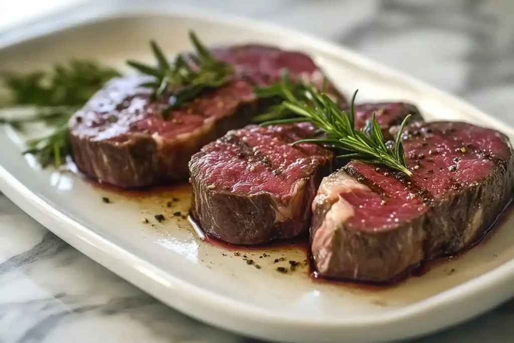 Medium-rare steak slices garnished with fresh rosemary on a white platter, showcasing a tender and juicy interior.