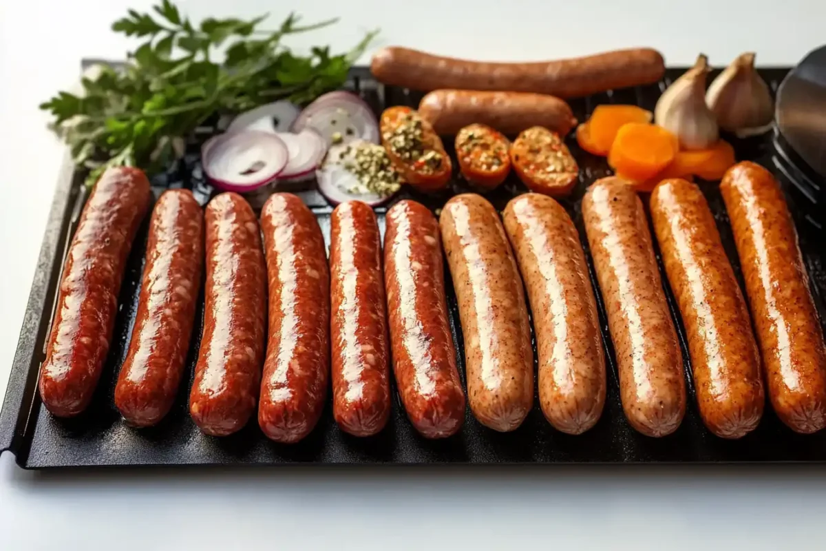 A selection of glossy sausages arranged on a grill plate, surrounded by fresh parsley, sliced onions, and garlic cloves. Some sausages are sliced, revealing their seasoned filling.