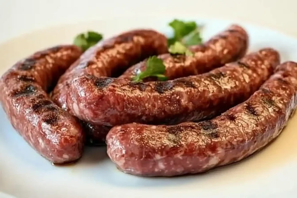 Grilled sausages arranged on a white plate with parsley garnish.