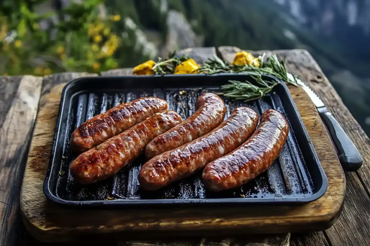 Grilled sausages on an outdoor grill pan, garnished with rosemary and surrounded by nature.