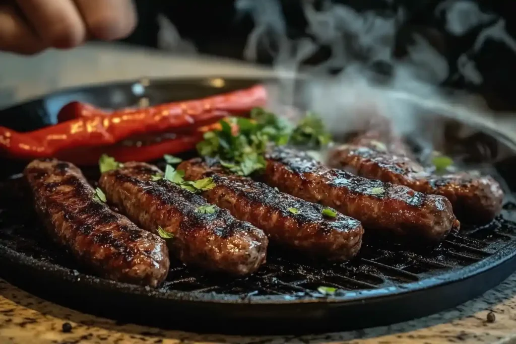  Grilled sausages on a hot plate with red peppers and herbs, steaming hot.