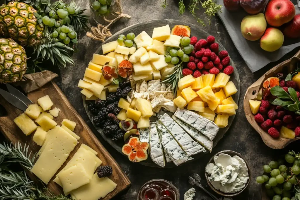 A vibrant charcuterie board with assorted cheeses, pineapple chunks, berries, grapes, and fresh fruits.