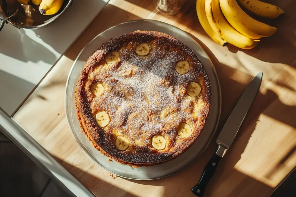 A golden banana cake topped with powdered sugar and banana slices, placed on a wooden counter alongside a knife and a bunch of bananas.