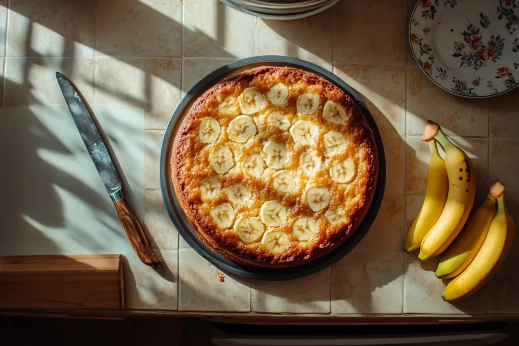 A freshly baked banana cake topped with sliced bananas on a kitchen counter, surrounded by a knife, plates, and a bunch of bananas.