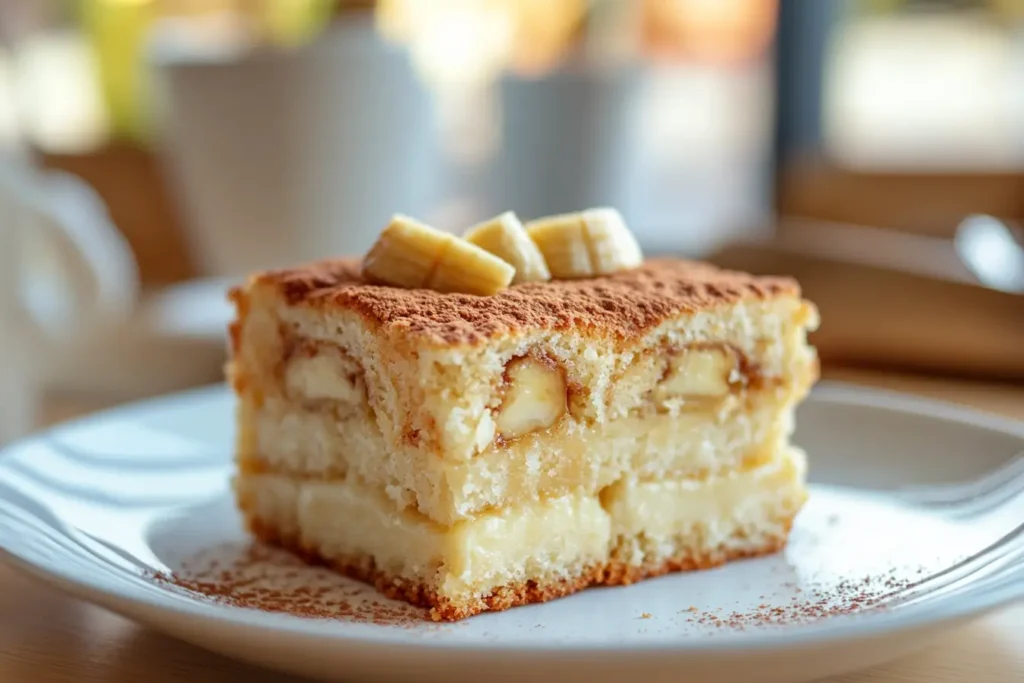  A slice of banana cake layered with cream and topped with cocoa powder and fresh banana slices on a white plate.