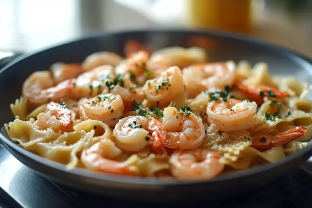 A bowl of pasta with bow-tie pasta, shrimp, and garnished with fresh parsley and grated cheese.