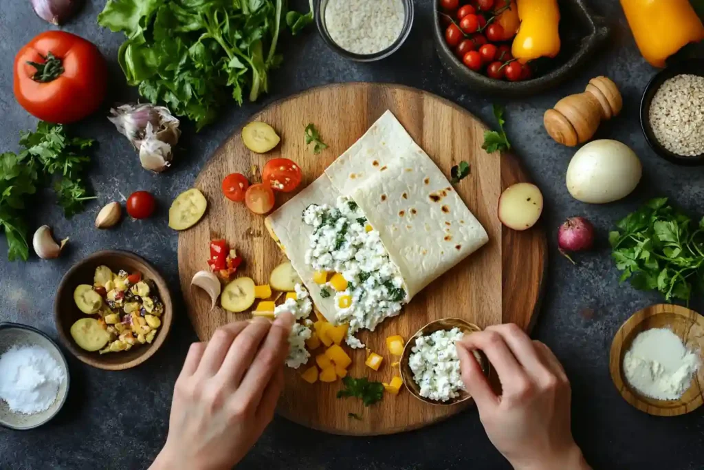 Hands assembling a Cottage Cheese Wrap