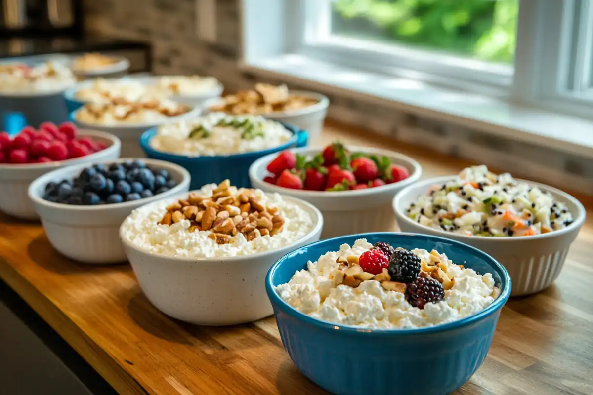 A variety of cottage cheese bowls with different toppings, including fresh berries, nuts, and diced vegetables,What Can I Mix Cottage Cheese With? 7 Incredible Options