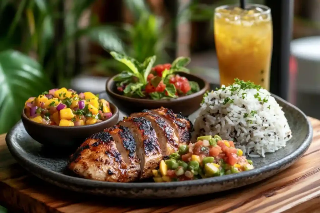 Grilled chicken breast served with white rice, mango salsa, vegetable medley, fresh salad, and a glass of iced drink.