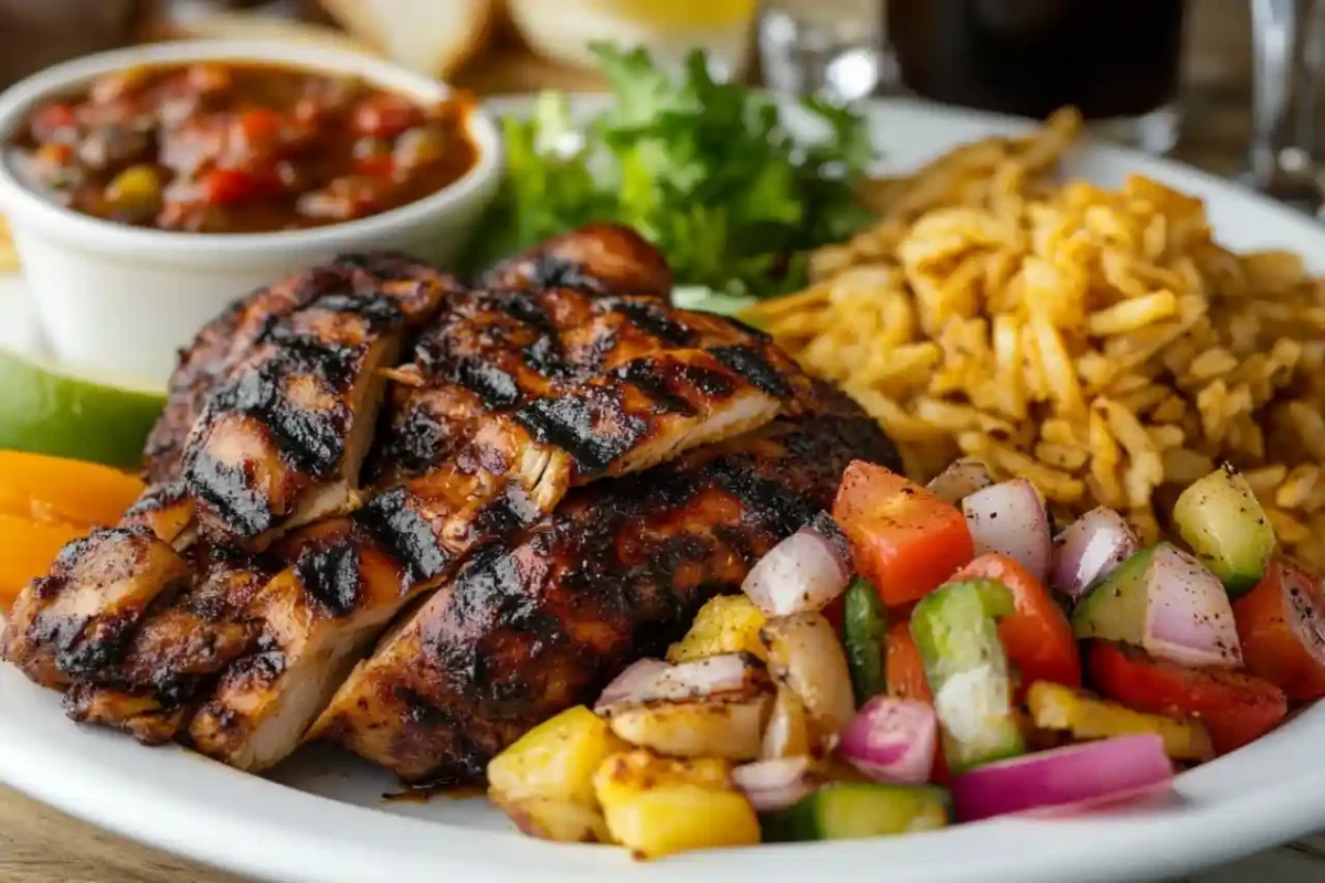 Grilled chicken breast served with mixed vegetable salad, yellow rice, and a side of tomato-based stew.